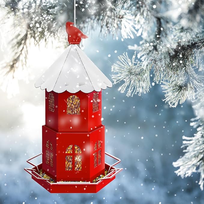 Bird Feeders for Outdoors Hanging, ULENDIS Metal Bird feeders for Outside Attracting Wild Birds, Installation-Free Large Bird Feeder for Garden Cardinal Finch Blue Jay (Red)