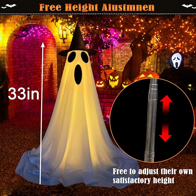 Outdoor Halloween Decorations - 2 Pack Light-Up Ghost Decor with Adjustable Height for Outdoor Porch & Yard, Frightening Standing Ghosts with LED Lights - Scare for a Haunted Halloween