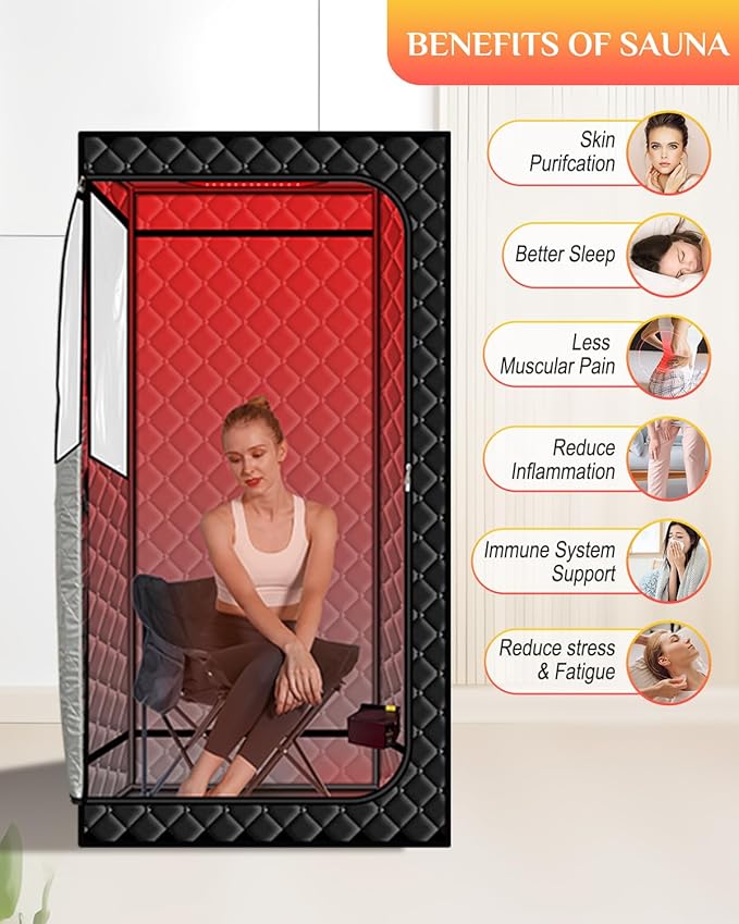 Smartmak Portable Sauna with Infrared 660nm Red Light Therapy Lamp for Home Relaxation, Personal Large Full Body Sauna Spa Tent, 185°F1500W High Power Hot Air Saunas, Folding Chair Indoor Use