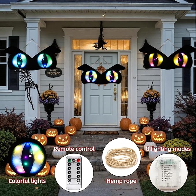 Halloween Decorations Spooky Eyes Lights - 21 Inch Large Wooden Window Eye Lights with 8 Color Modes for Halloween Decor Indoor Home,Wall,Window,Trees (Style - D)
