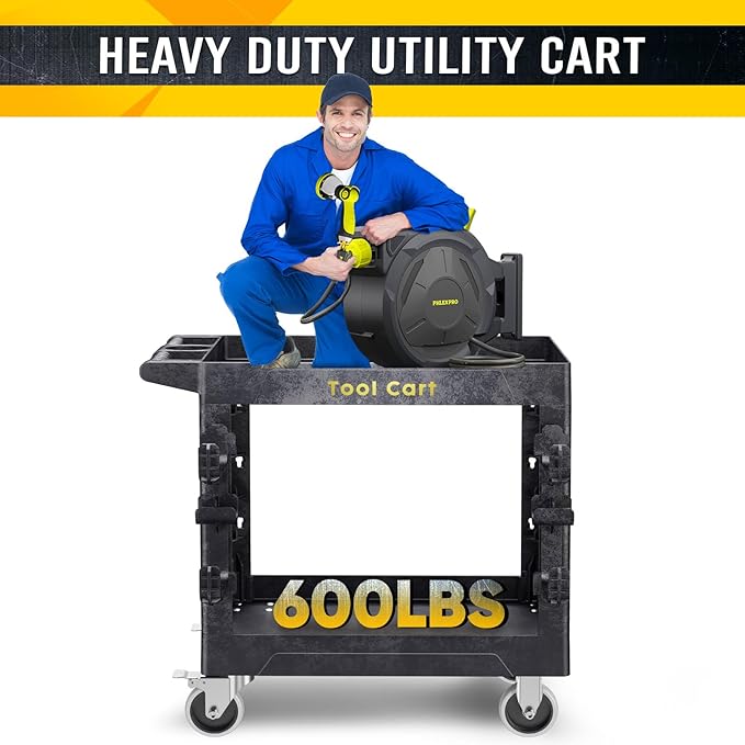 Heavy Duty Garden Tool Carts,600LBS Capacity 2 Tier Yard Tool Storage Rack with Side Hooks Garage Tool Cart with 360°Swivel Wheels Outdoor Garden Tool for Shed, Yard, Garage,Black