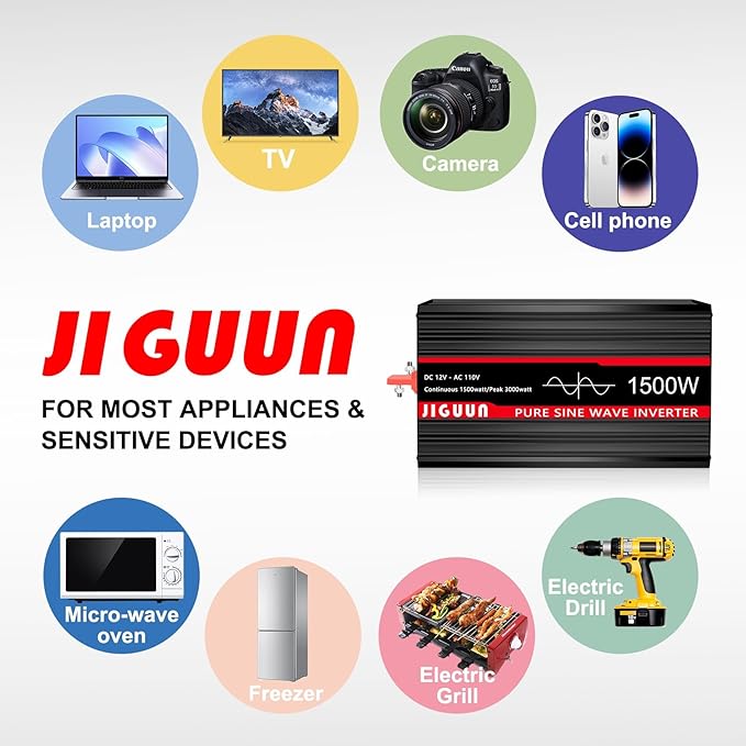 JIGUUN 1500 Watt Pure Sine Wave Inverter DC 12V to AC 120V Converter, Remote Control Power Car Inverter with LED 4 AC Outlets USB Output for Outdoor Camping RV.