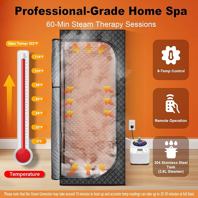 MIXC Portable Steam Sauna Box, Portable Sauna for Home, Person Sauna Tent Sauna Box at Home Spa with 2.6L & 1500W, Remote Control, Folding Chair (Single-Person Version-Black)