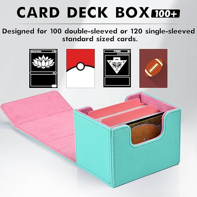 ZLCA Card Deck Box for Trading Cards, MTG Commander Deck Box Holds 120+ Single Sleeved Cards, Leather Magnetic Card Storage Case Fits for TCG CCG (Turquois& Pink)