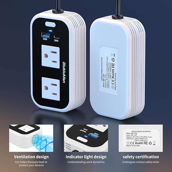 200W Car Power Inverter, Blubluman DC 12V to 110V AC Car Plug Adapter Outlet with 30W PD Charger, QC3.0 Fast Charger 24W, Power Inverter for Vehicles, Outlet for Laptop Computer Charger