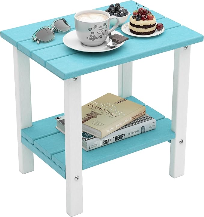 OTSUN Outdoor Side Table, 16 Inch Square Patio Table, All Weather Porch Table for Balcony, Backyard, Lawn, Indoor Outdoor Companion (Aruba Blue & White)