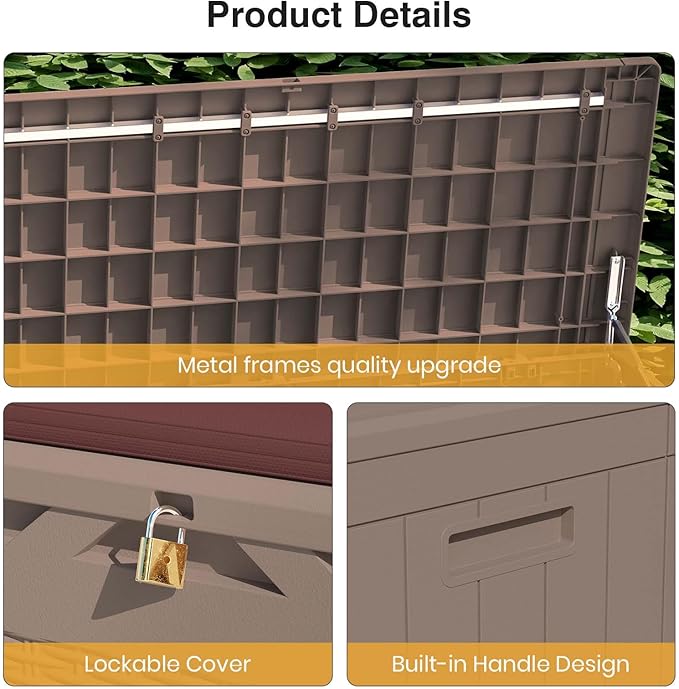 Patiolife 100 Gallon Resin Deck Box with Cushion, Large Outdoor Storage Box for Garden Tools, Pool Supplies, Waterproof and Lockable, Dark Brown
