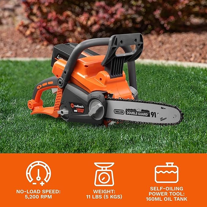 Redback Battery Powered Chainsaw Reliable 40V Cordless Chainsaw with 10m/s Chain Speed Gas Chainsaw Alternative Modern Lawn Care Equipment for Felling and Bucking with 2.0AH Battery Charger
