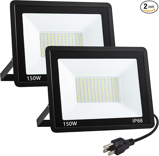 ADYENA 2 Pack 150W LED Flood Lights Outdoor, Plug in LED Work Light, 1500LM Super Bright Outdoor Lights, IP66 Waterproof 6000K Daylight White Floodlights for Garage Yard Garden Playground