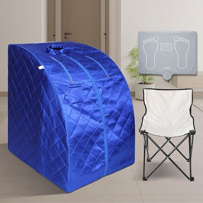 Smartmak Portable Infrared Sauna, Full Size1 Person Far Infrared Sauna Tent, with Heating Foot Pad, Upgrade Chair (L 27.6’’ x W 31.5’’ x H 37.8’’, Blue)
