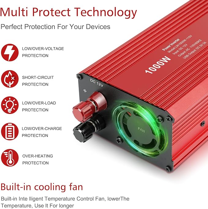 Fancy Buying 1000W/2000W(Peak) Power Inverter for Vehicles, DC 12V to 110V AC Converter with Dual AC Outlets and Dual USB Car Charger for Car Laptop Computer