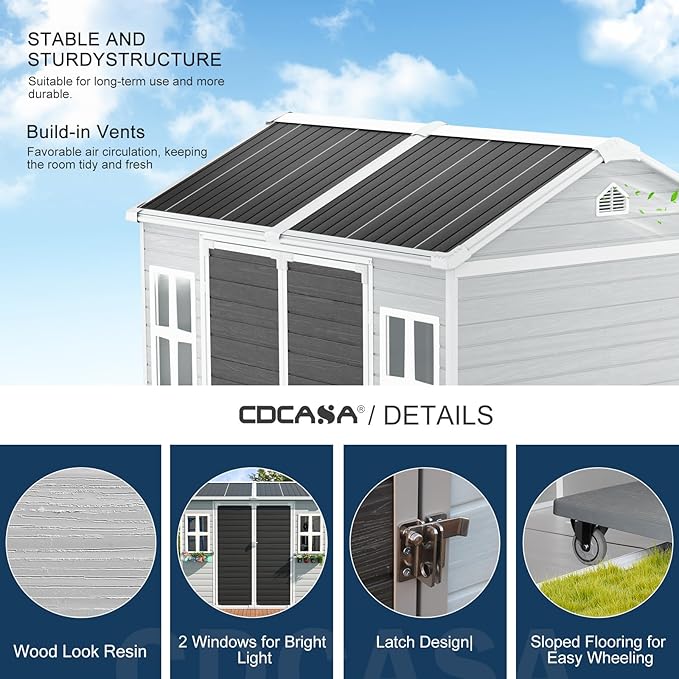 CDCASA 8x6 FT Resin Storage Sheds with Floor, Waterproof Large Outdoor Sheds & 2 Windows,Outside Plastic Tool Shed for Backyard Garden Patio Lawn