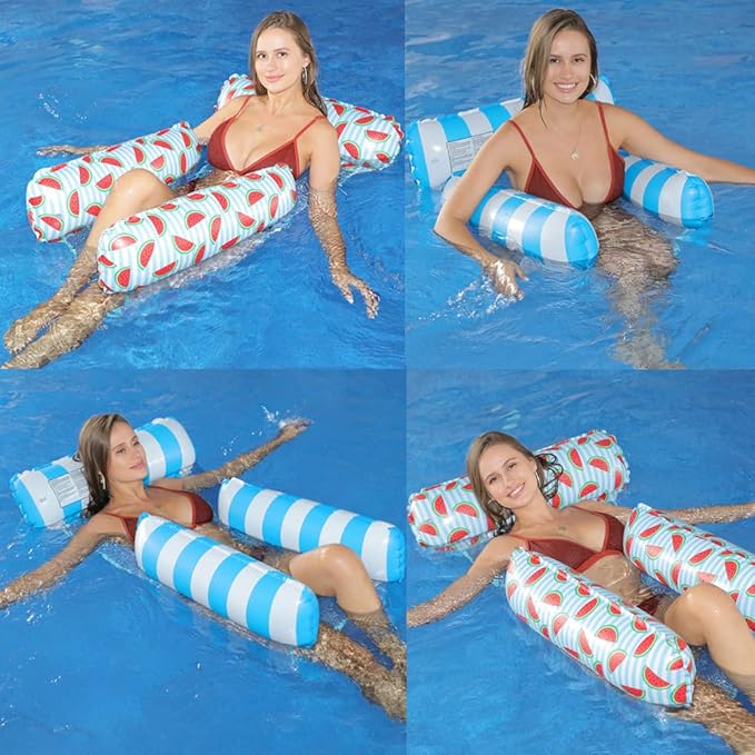 HJW 2-Pack Inflatable Pool Lounger Chair - Multi-Purpose Floating Hammock for Adults, Comfortable Pool Float Raft for Swimming Pool & Water Activities(Striped Light Blue + Watermelon)