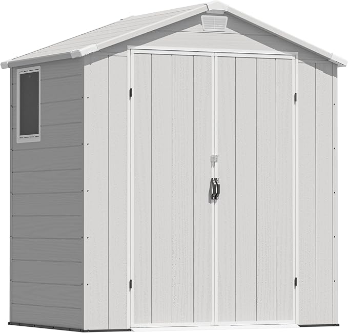 Greesum 6x4FT Plastic Outdoor Storage Shed with Floor, Resin Sheds with Lockable Double Door, Window & Vents, All-Weather Tool Sheds for Garden, Backyard, Patio, Light Gray