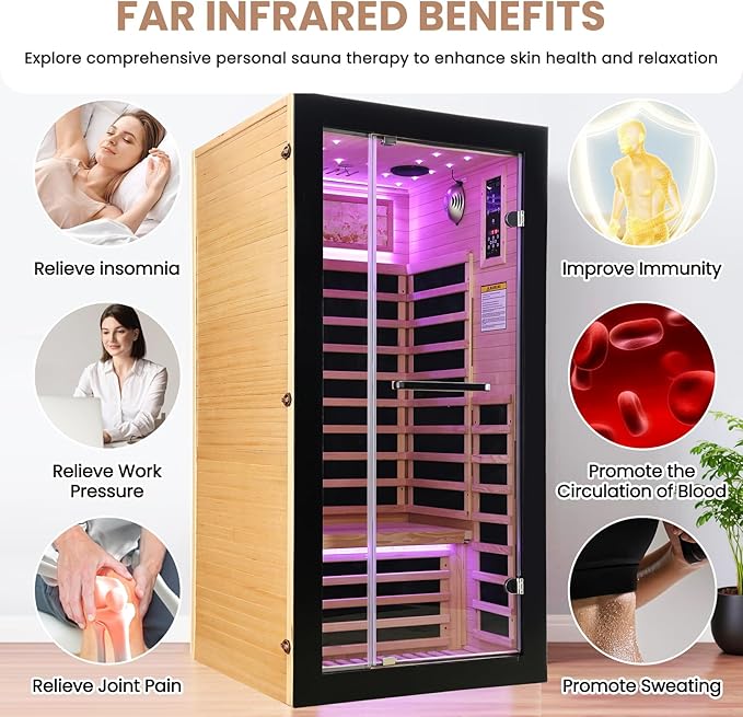One Person Sauna Far Infrared Saunas Room Canadian Hemlock 1450W Dry Saunas Spa with 7 Starry Sky Light 33.5 * 33.5 * 70.8inch