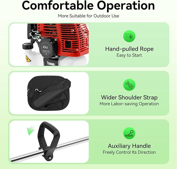 43cc Gas Weed Wacker, 2-Stroke Weed Eater, Two T Cutting Blade Cordless 8500r/Min Gasoline Edger 1250w Single-Cylinder Air-Cooled Engine Pole Saw String Trimmer W/Oil Pot Goggles 33.8 Oz Fuel Tank