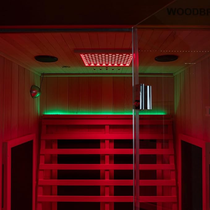 Woodbridge Infrared Home Sauna Room 2 Person Hemlock Wooden Indoor Sauna with 7 Carbon Heaters, Red Light Therapy, Bluetooth Speaker, Intelligent Control Panel, Tempered Glass & Top Vent