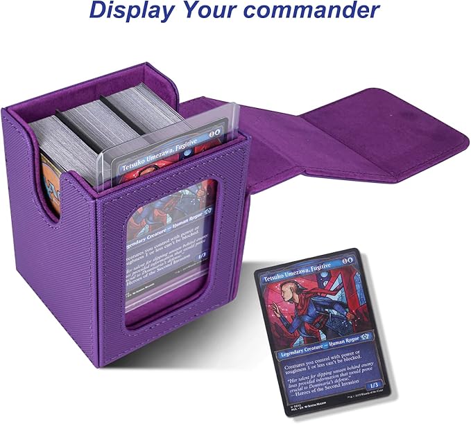 AFIING MTG Deck Box for Commander Display,Card Deck case Fits 100 Double Sleeved Cards, Magic Commander TCG Card Storage Box with 2 Dividers,Dice Bag and 1 Toploader(Purple)