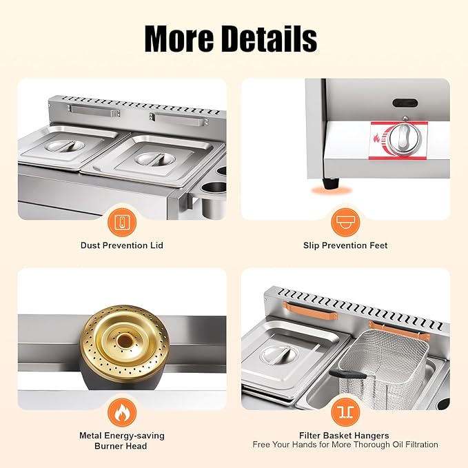 Stainless Steel Low Pressure Gas Deep Fryer with Frying Baskets and Lid, 12.7QT/12L Capacity Countertop Deep Fryer Oil Frying Pot Kitchen Frying Machine Table Snack Fryer Double Cylinder Gas Fryer