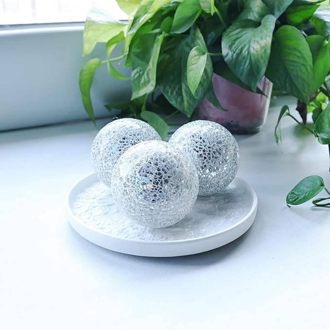 Mosaic Glass Balls 3.35 Inch Decorative Orbs Ball Decor Crack Solid Sphere Mirror for centerpieces Table Bowl Home Christmas Ornaments Silver Set of 3