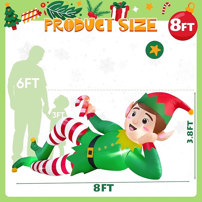 8 FT Christmas Inflatable Outdoor Decoration, Lying Elf Christmas Blow up Yard Decorations with LED Lights, Elf Inflatable Outdoor Decoration for Garden Lawn Roof Xmas Decorations
