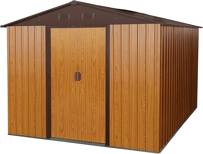 10 x 8 FT Outdoor Storage Shed, Metal Garden Shed with Floor Frame, Large Tool Shed Outdoor Storage with Lockable Sliding Doors & Air Vents, Storage House Waterproof for Backyard, Lawn, Coffee