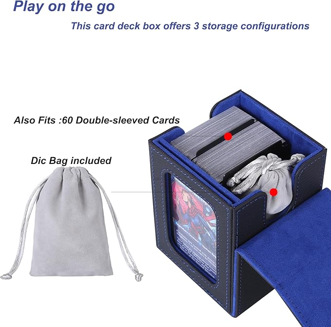 AFIING MTG Deck Box for Commander Display,Card Deck Box Fits 100 Double Sleeved Cards, Magic Commander TCG Storage Box with 2 Dividers,Drawstring Bag and 1 Toploader(Black/Blue)
