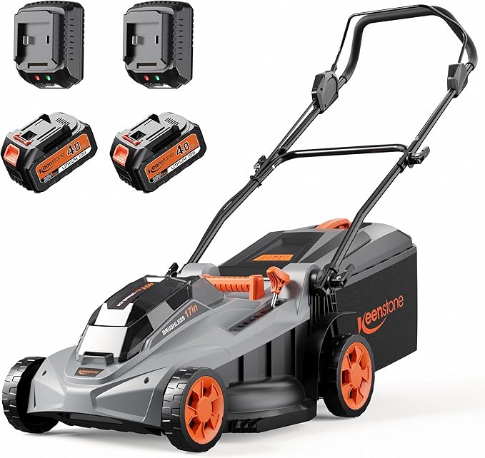 Keenstone Cordless Lawn Mower, 17" Electric Lawn Mower with Direct-Drive Brushless Motor, 2 x 20V 4.0Ah Battery, 6 Position Height Adjustable Push Mower for Yard & Thick Grass(35min Runtime)
