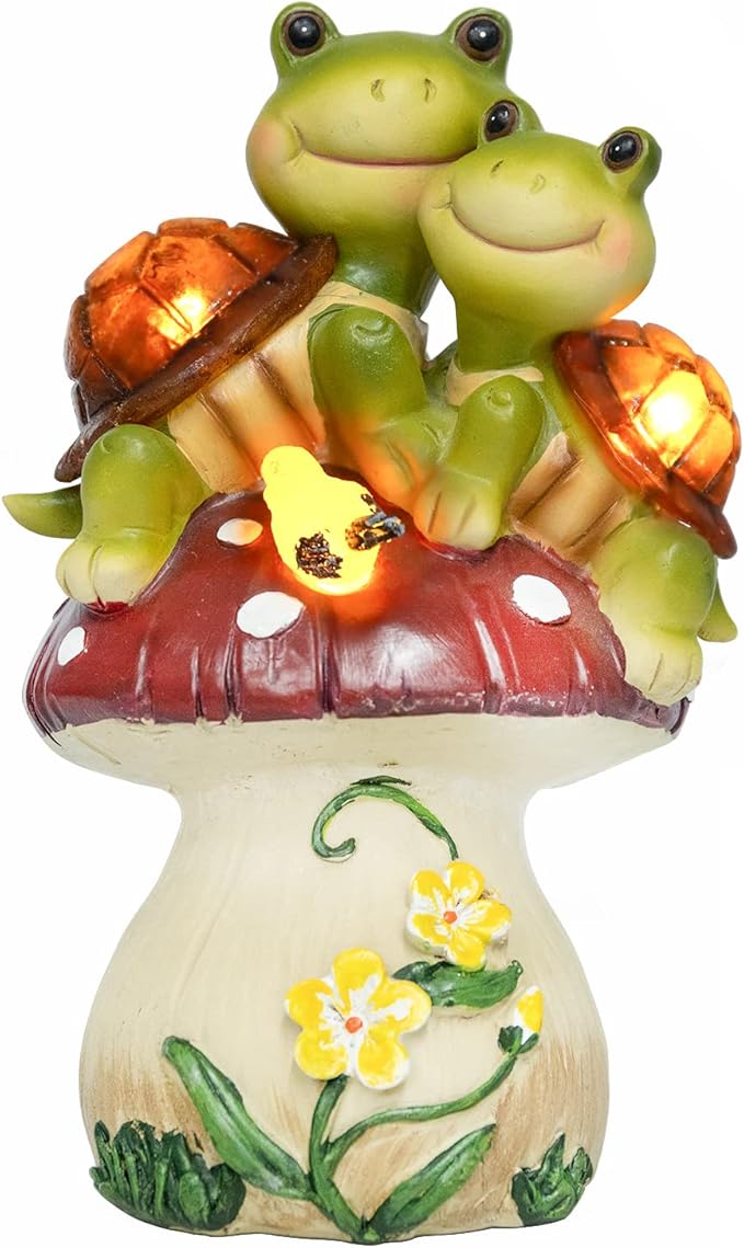 Garden Statues Turtles Outdoor Decor, Resin Turtles Figurines Lights Sculptures with Solar Light, Lovely Turtle with Mushroom for Garden Patio Yard