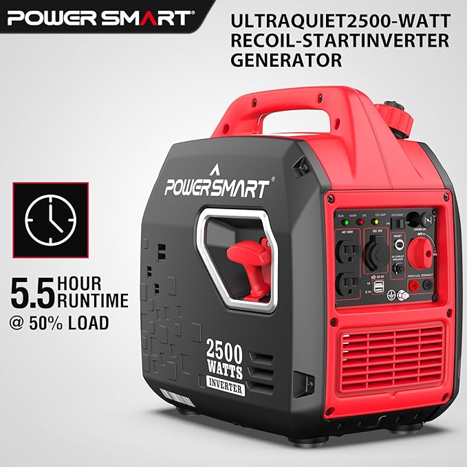 PowerSmart 2500-Watt Portable Gas Inverter Generator, Super Quiet, High Fuel-Efficient Generator, Lightweight, CARB Compliant PS5025