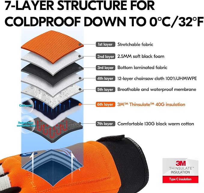 Vgo... 1Pair Chainsaw Winter Gloves,12-Layer Chainsaw Protection on Both Hands Back,Cow leather(S,Hi-Viz Orange,CA9760FLWP)