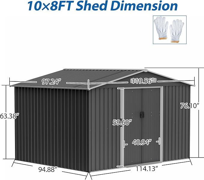 Favfurish Outdoor Storage Shed 10x8 FT with Lockable Sliding Doors,Metal Waterproof Tool Sheds W/Sloped Roof and Vent,for Backyard,Patio,Lawn,Grey