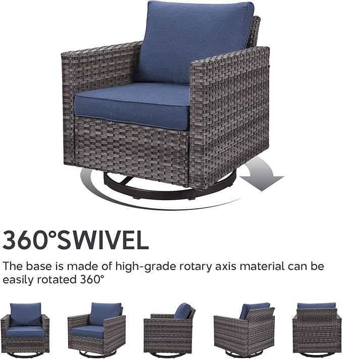 6 Piece Wicker Patio Furniture with Fire Pit Table - Outdoor Conversation Set with 50,000 BTU Fire Pit, All Weather Rattan Patio Set for Deck Backyard Garden - Grey Wicker Blue Cushion