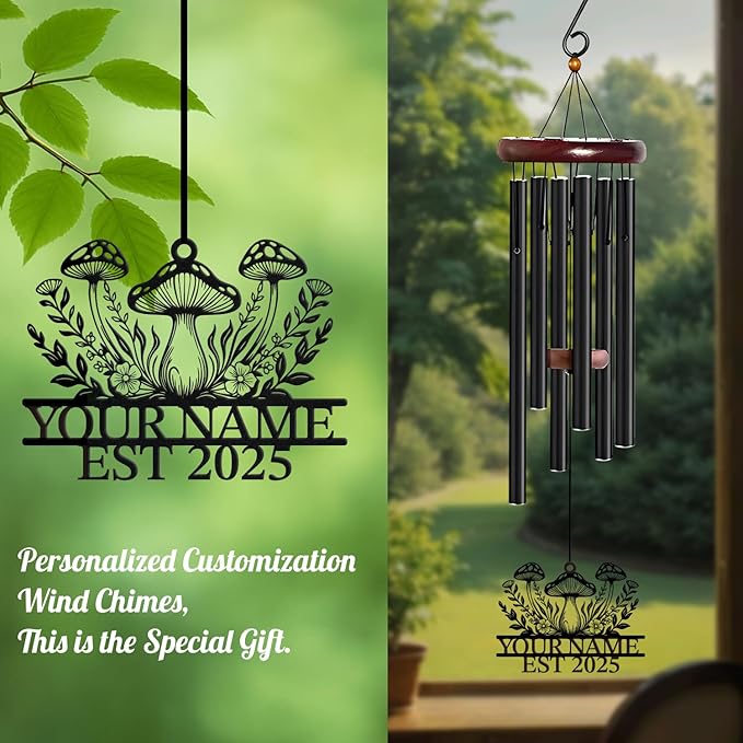 Personalized Customize Name Fantasy Mushroom Wonderland Wind Chime, Metal Iron 37 Inch Outdoor Memorial Gift for Garden Yard Patio Home Decor, Black (Style A)