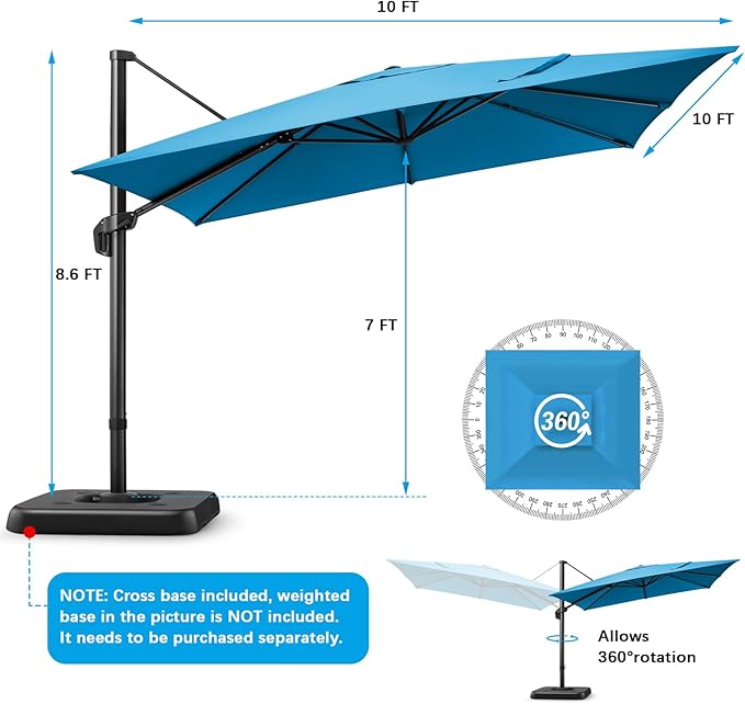 Hotime 10ft Patio Umbrella Outdoor Patio Windproof and Height adjustable, Heavy Duty Aluminum Square Offset Patio Umbrella Cantilever Pool Umbrella with 360°Rotation for Garden Deck Pool, Light Blue