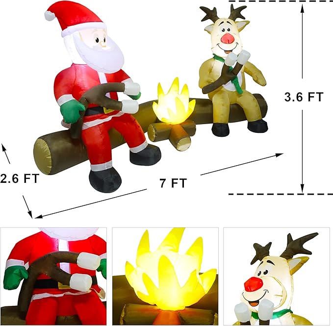 Joliyoou 7FT Christmas Inflatable Decorations, Blowup Santa and Reindeer Roasting Marshmallows Over Campfire, Lighted Xmas Inflatable for Yard Front Door Outdoor Indoor Decor
