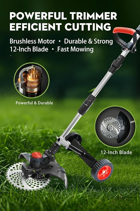 Cordless Weed Wacker, 12-Inch Electric Weed Wacker, Brushless Grass Trimmer with Wheels, 2×4.0Ah Batteries, Lightweight Electric Weed Eater with Telescoping Shaft for Lawn, Yard, Garden, Black