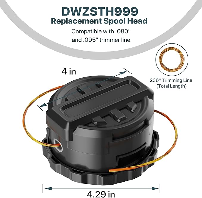 DWO1DT995 Weed Trimmer Head Replacement Part for Dewalt Cordless String Trimmers DCST920, DCST922, DCST925, DCST970, DCST972, DCST990, DCST991, Pre-Wound with 0.080" Trimmer Line (236" Total Length)