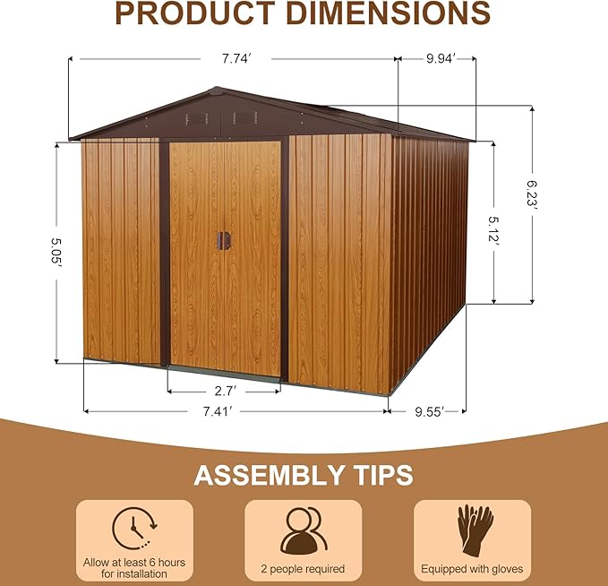 10 x 8 FT Outdoor Storage Shed, Metal Garden Shed with Floor Frame, Large Tool Shed Outdoor Storage with Lockable Sliding Doors & Air Vents, Storage House Waterproof for Backyard, Lawn, Coffee