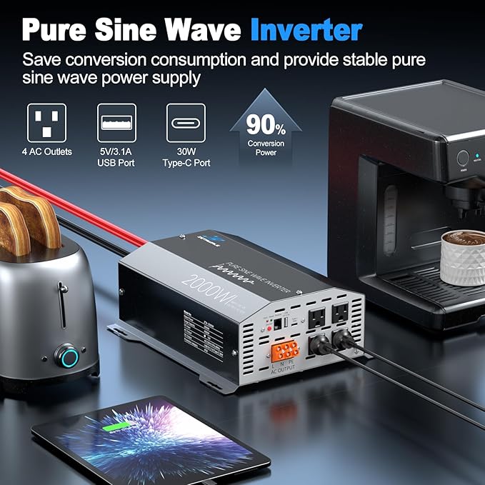 2000 Watt Pure Sine Wave Inverter 12v DC to 110v 120v AC Converter,4000W Peak Power Inverter with 4 AC Outlets,USB Port,Type-C,Remote Control LCD Display for Truck, RV, Vehicles, Solar Off-Grid