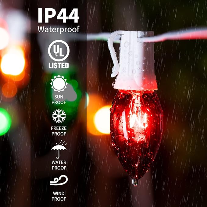 Minetom C9 Multicolor Christmas String Lights, 25FT 25+2 Bulbs Bright & Warm Outdoor Christmas Lights, Long Life C9 String Lights for Tree Patio Gazebo Wreath, Green Wire