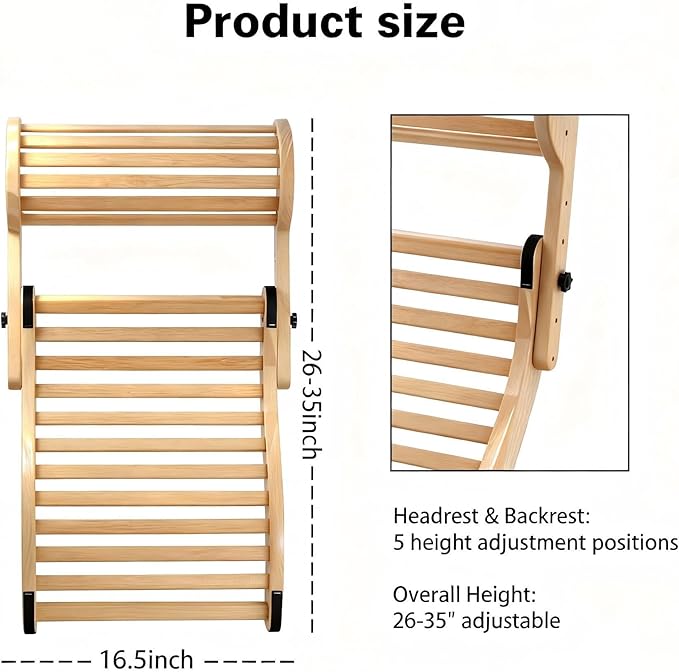 Sauna Backrest Added Adjustable Neck Pillow Accessories Bamboo Sauna Back Rest 18 Low - Heat - Conducting Bamboo Slats + Anti - Slip Pads for Comfort Lying or Leaning