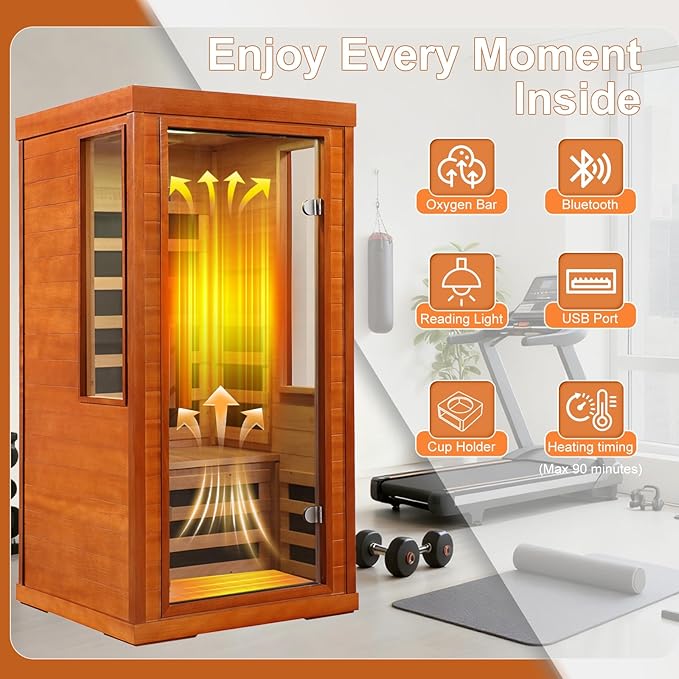 Far Infrared Sauna 1170W 110V, Low EMF Infrared Sauna with Red Light Therapy, Carbon Fiber Infrared Saunas 1 Person W/Bluetooth Speakers/Control Panel for Basement/Home Gym/Bathroom