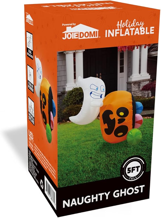 Joiedomi 5 ft Tall Halloween Inflatable Outdoor Decoration, Halloween Blow Ups Cute Ghost Halloween Decorations with Pumpkin Candy Bag with LEDs for Yard Decor
