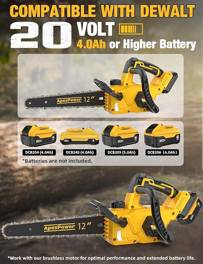 12 Inch Brushless Electric Chainsaw Cordless, for Dewalt Battery 20V, Compact Chainsaw with 44.3 FT/S Powerful Cutting, Auto Oiler Low Kickback Battery Powered Chain Saw for Tree Trimming Wood Cutting
