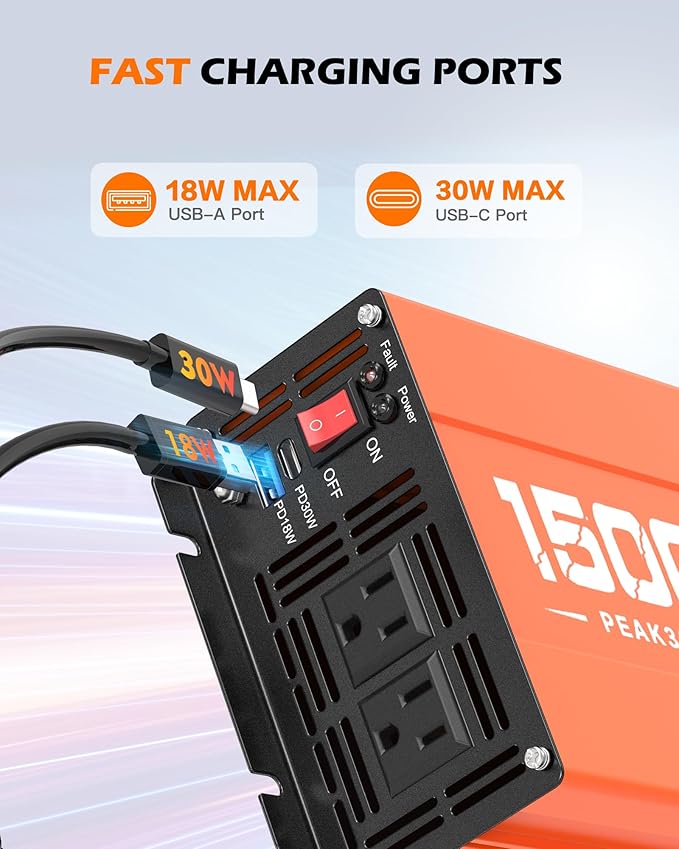 1500W Inverter 12V DC to 120V AC Converter with 2 AC Outlets, QC3.0/PD30W Fast Charging USB Ports, Car Power Inverter Adapter for Vehicles