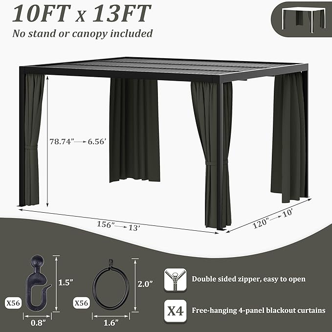 Gazebo Universal Replacement Privacy Curtain,10'×13' Gazebo Outdoor Waterproof Curtains, 4-Panels Sidewall Curtains with Double Zipper for Patio Canopy, Garden and Backyard (Curtain Only)