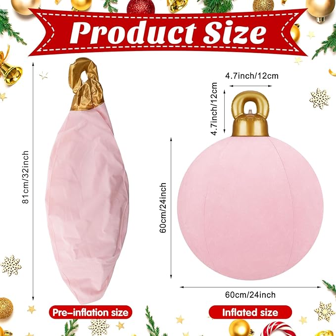 Jetec 3 Pcs 32 Inch Giant Velvet Christmas Inflatable Balls Ornament Flocked Xmas PVC Inflatable Flocked Ball Ornaments for Christmas Holiday Outdoor Blow up Yard Decor(Pink)