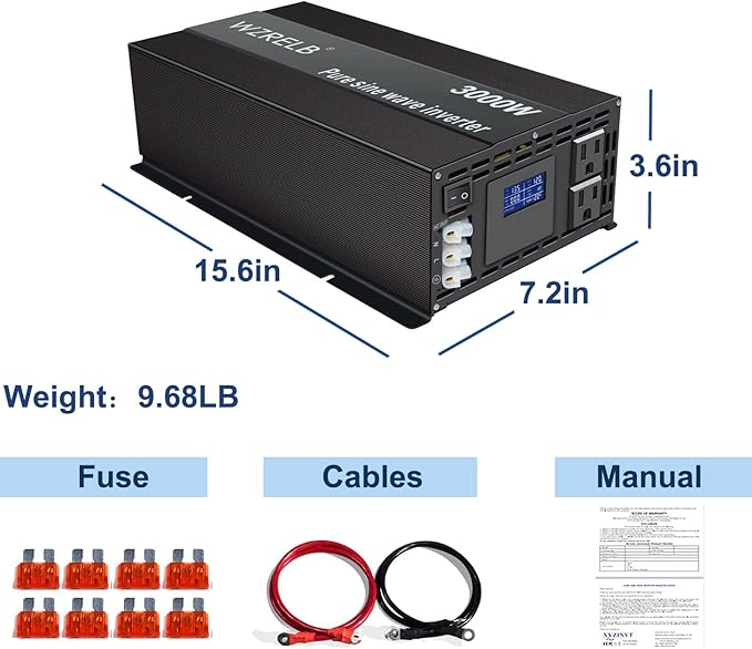 WZRELB Pure Sine Wave Inverter 3000W 12VDC to 120VAC Solar Power Peak 6000W Converter Truck RV Home LCD Display, Black (LN300012)