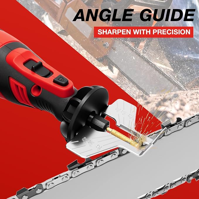 SHALL Electric Cordless Chainsaw Sharpener Kit, with 6 Titanium-Coated Diamond Drill Bits and Angle Guide, for All Chainsaws Chains